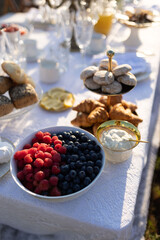 Wild berries on the table in a beautiful plate. Raspberries and blueberries in a plate, a beautiful table with food.