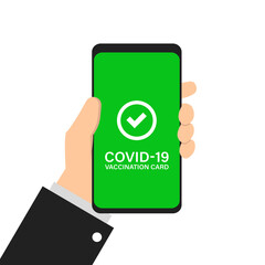 Fototapeta premium COVID certificate on the phone, hand holds. Digital vaccination passport. Vector illustration