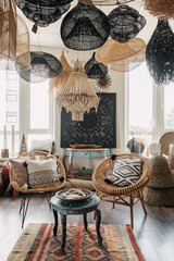 Bohemian living room with stylish interior design