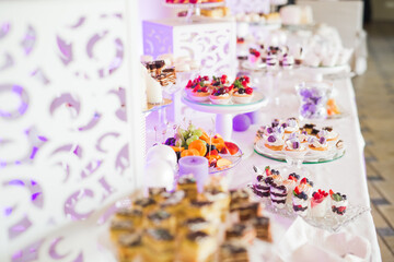 Fototapeta na wymiar Delicious and tasty dessert table with cupcakes shots at reception closeup
