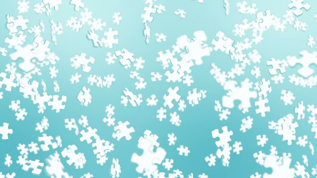 Many white puzzle pieces floating in air on blue background. Business success and solution concept. 3D loop animation.