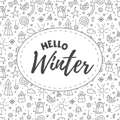 Seamless pattern of doodle elements. Lettering Hello Winter 2022. Hand-drawn winter objects.
