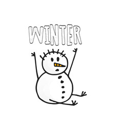 Sitting snowman in doodle style. Winter 2022. Hand-drawn object.