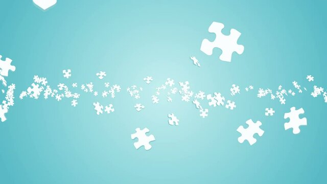 Many white puzzle pieces floating in air on blue background. Business success and solution concept. 3D loop animation.