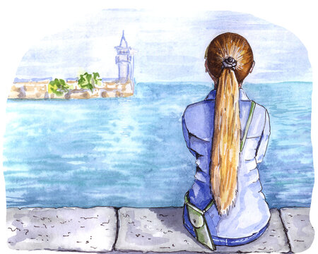 A girl sits on the pier, watercolor drawing.