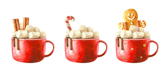 Big red cup with hot drink and marshmallows. Cocoa, chocolate. Three decoration options. Cinnamon, gingerbread man, Christmas lollipop. Watercolor illustration, painting. Objects on a white background