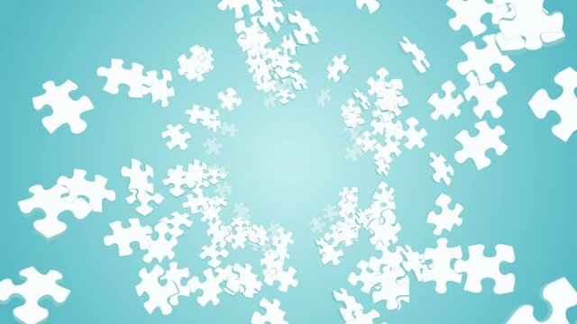 Many white puzzle pieces floating in air on blue background. Business success and solution concept. 3D loop animation.