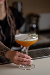 Bartender is preparing a cocktail at the bar. The barkeeper serves a ready-made cocktail in a glass. Barkeeper Female
