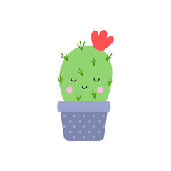 Cute cactus flat style vector illustration on white background. Houseplant succulent. Funny cacti with faces in pots for design, cards, stickers.