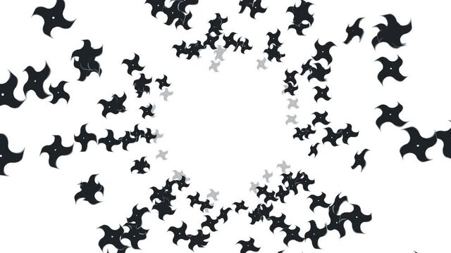 Many ninja shuriken throwing in air on white background. Japanese culture metal weapon. Martial art concept. Loop animation.