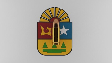 Top down view of a 9mm bullet in the center and on top of the flag of Quintana Roo