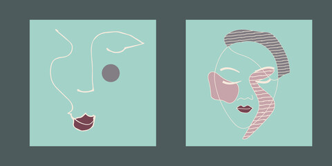set of two arts with abstract woman faces in soft blue colors. Hand-drawn portrait line-art minimalist minimalistic elegant style. Design for wall decor, cover print. Vector illustration