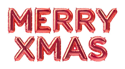 3D Render of red inflatable foil balloons set. Bright party 2022 decoration figures. Merry Xmas. Beautiful letters for web design or cards isolated on white background