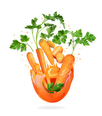 Whole and sliced carrots with haulm in splashes of fresh juice, isolated on white background © Krafla