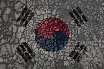 flag of south korea on a old metal rusty cracked wall with text coronavirus, covid, and virus picture.