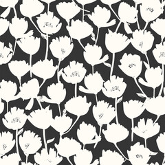 Monochrome abstract seamless pattern. Black and white botanical illustration. Hand drawn stylized flower silhouettes, digital art