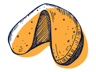 Vector hand drawn chinese fortune cookies isolated on white backgrounds. Food illustration. Crisp cookie with a blank piece of paper inside. For print, web, design, decor, logo.