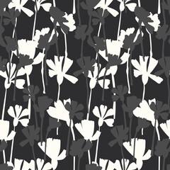 Monochrome abstract seamless pattern. Black and white botanical illustration. Hand drawn stylized flower silhouettes, digital art
