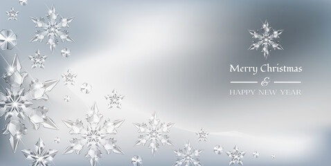  Vector Christmas background with realistic transparent glass snowflakes and decoration. Sparkling translucent crystals