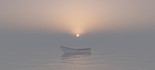 Rowing Boat Lake Sunset Sky Coastline Ocean Sea Water Clouds Sun Sunrise 3d illustration render © paul