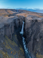 Litlanesfoss and Hengifoss waterfalls landscape aerial view, Iceland.