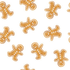 Fototapeta na wymiar Watercolor seamless pattern with gingerbread man on white background. Christmas cookies. Christmas or New Year background. Festive baked, cute design.