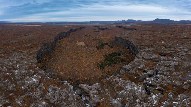Asbyrgi horseshoe-shaped canyon in autumn aerial view, Iceland. 16:9 panorama