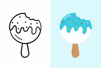 Ice cream on stick with icing. Doodle sketch. Hand drawn vector illustration.