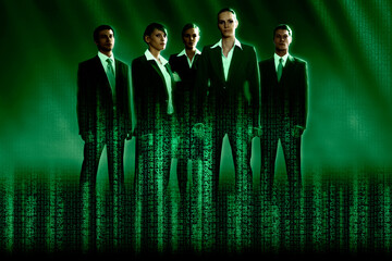 Business people with green data beams, cgi