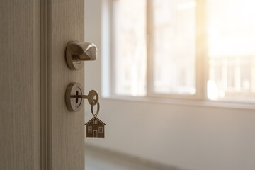 Open door to a new home with key and home shaped keychain. Mortgage, investment, real estate,...