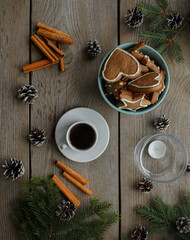ginger cookies, coffee, top view, christmas table, natural background