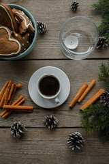 ginger cookies, coffee, top view, christmas table, natural background