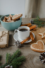 Obraz na płótnie Canvas ginger cookies, coffee, top view, christmas table, natural background