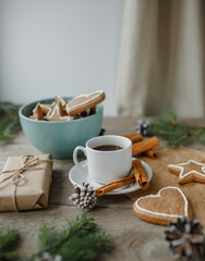 ginger cookies, coffee, top view, christmas table, natural background