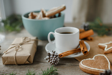 ginger cookies, coffee, top view, christmas table, natural background
