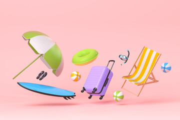 Suitcase with beach accessories like surf, umbrella and chair on pink background