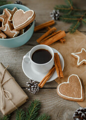 ginger cookies, coffee, top view, christmas table, natural background