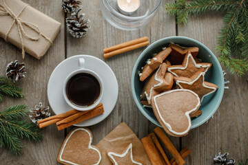 ginger cookies, coffee, top view, christmas table, natural background