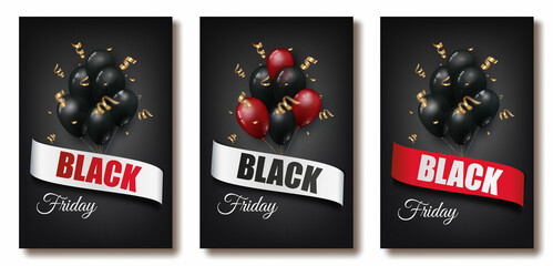 poster for the black friday sale. Black and red balloons with gold serpentine and sparkles on a dark background. Vector illustration, concept