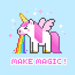 Make Magic - Pixel art rainbow Unicorn vector illustration. Cute cartoon white unicorn with wings puking rainbow. 8-bit humorous greeting card or poster design