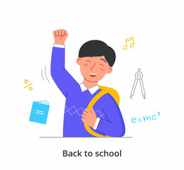 Back to School concept. Happy pupil with backpack on his shoulder goes to class for lesson. Boy rejoices to start school. Smart character goes for knowledge. Cartoon modern flat vector illustration