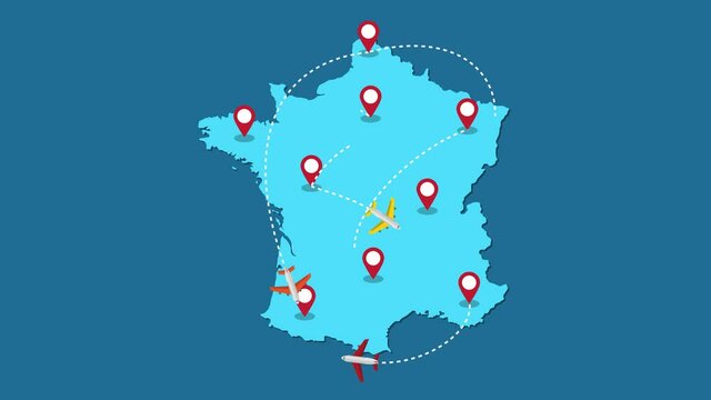 Planes routes flying over France map, tourism and travel concept, Graphic animation