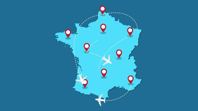 Planes routes flying over France map, tourism and travel concept, Graphic animation