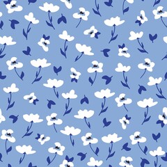 Seamless floral pattern. Fashionable background of wonderful white flowers and dark blue leaves. flowers scattered on a light blue background. Stock vector for printing on surfaces and web design.