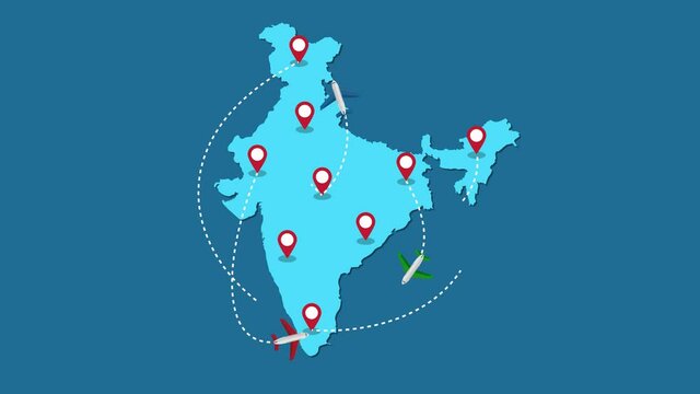 Planes routes flying over India map, tourism and travel concept, Graphic animation