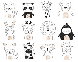 Vector hand drawn woodland animals for nursery decoration. Line art clipart. Bear, rabbit, cat, panda, giraffe, deer, lion, penguin, fox, zebra, koala, sheep. Perfect for baby shower, birthday