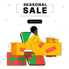 Seasonal Sale Banner Design. Christmas discount template. Woman enjoying shopping and carries her purchases. Online shopping banner, holiday sale.