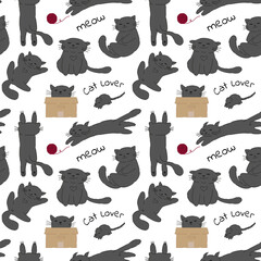 Seamless pattern with funny gray cats. Vector illustration.
