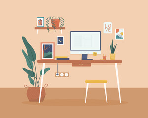 Home office room interior vector flat illustration
