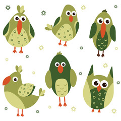 set of cute cartoon colored birds in hand drawn style raster illustration. lovely baby pictures for decor
